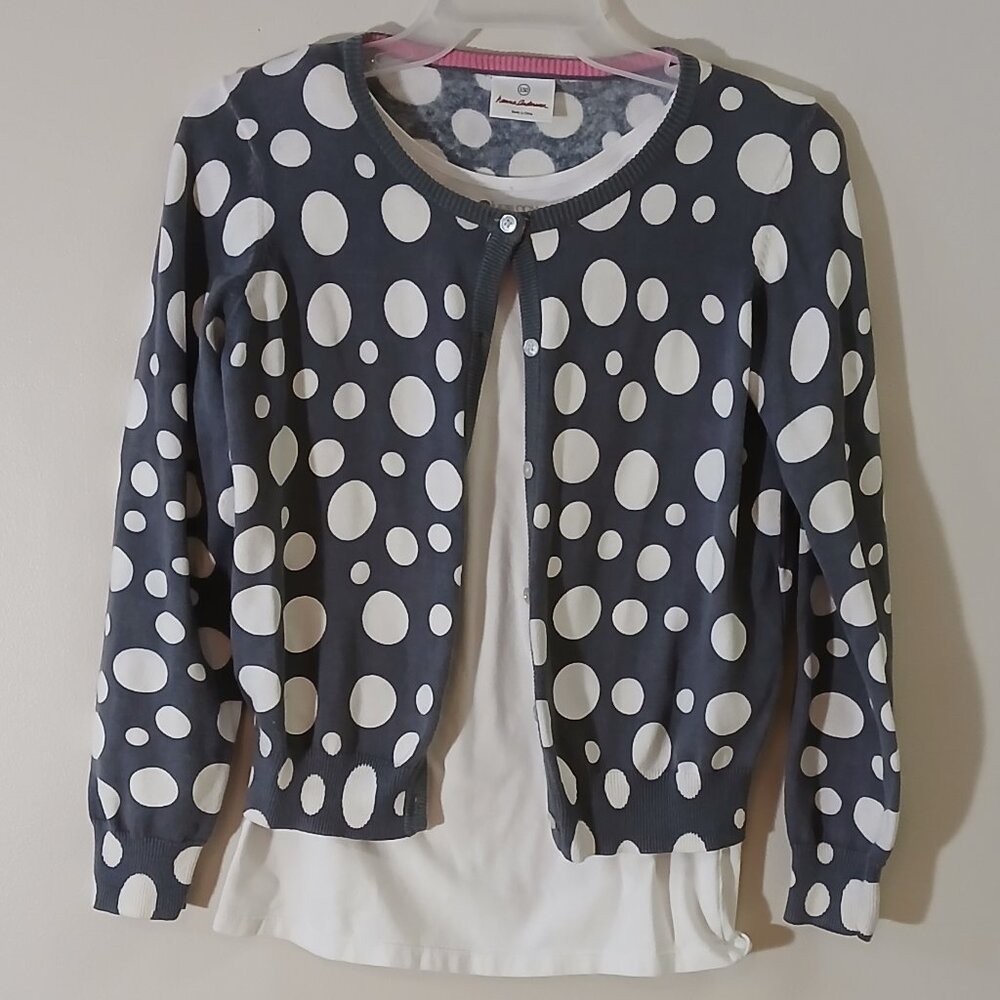 Girls Hanna Anderson gray/white cardigan (size 150) with cotton tee - small